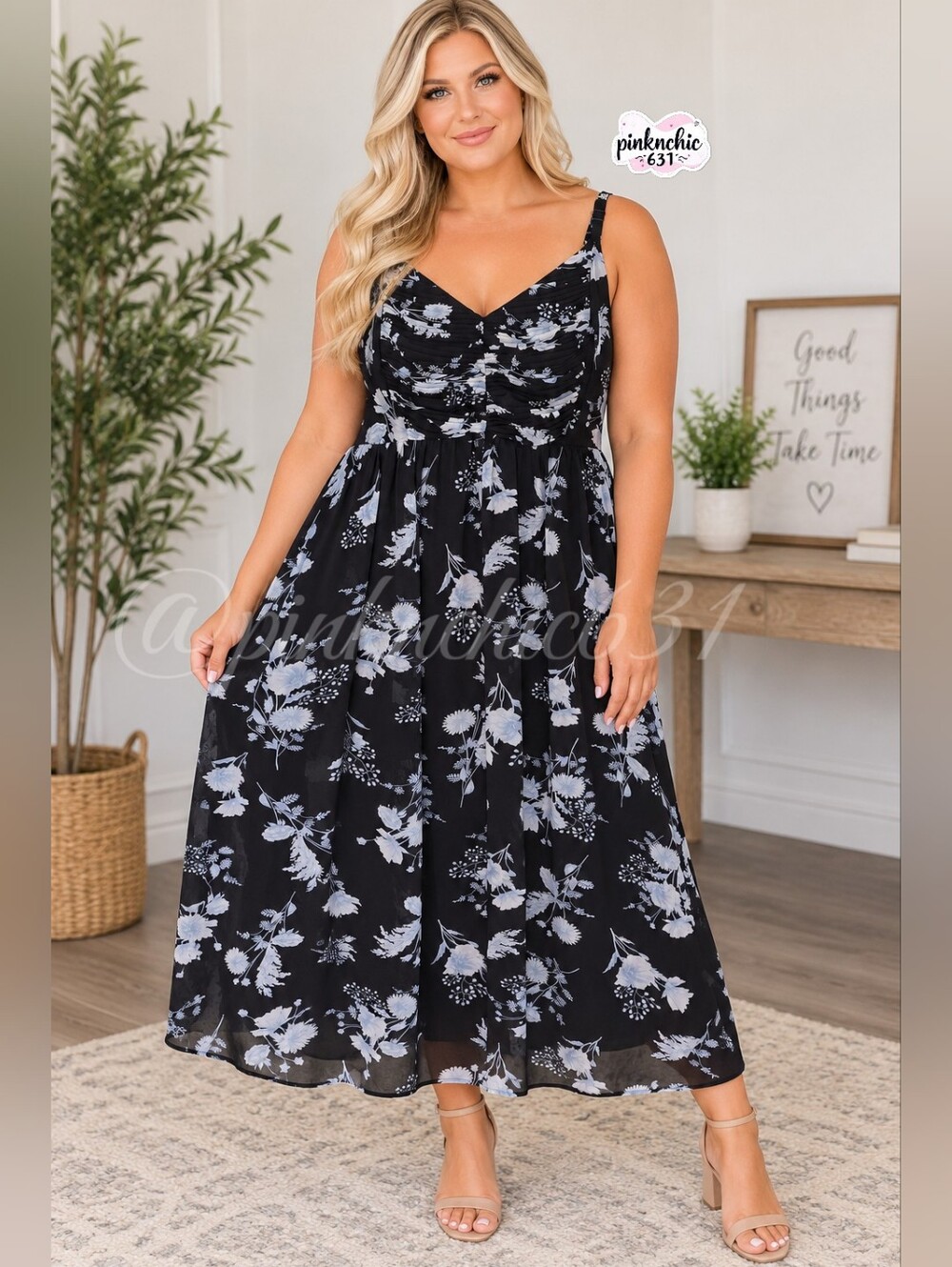 Torrid Size 2 16-18 Black Blue Floral Ruched Bust Smocked Back Maxi Dress